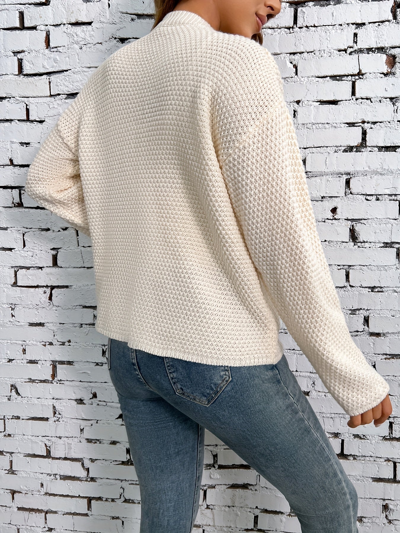 vlovelaw  Solid Quarter Button Knit Sweater, Casual Long Sleeve Loose Sweater, Women's Clothing
