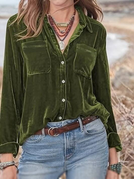 vlovelaw Solid Patched Pockets Velvet Shirt, Vintage Long Sleeve Shirt For Spring & Fall, Women's Clothing