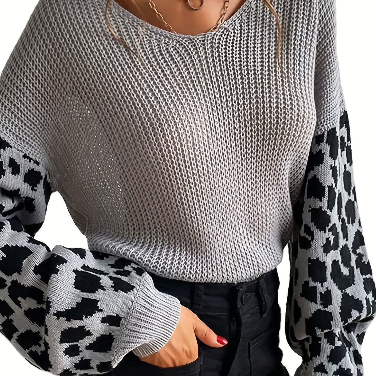 vlovelaw  Contrast Leopard V Neck Loose Sweater, Casual Long Sleeve Sweater For Spring & Fall, Women's Clothing