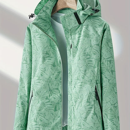 vlovelaw  Leaf Print Outdoor Jacket With Removable Hood, Women's Windproof & Rainproof Jacket, Women's Outdoor Clothing