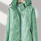 vlovelaw  Leaf Print Outdoor Jacket With Removable Hood, Women's Windproof & Rainproof Jacket, Women's Outdoor Clothing