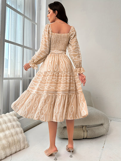 vlovelaw  Argyle Print Shirred Dress, Elegant Long Sleeve Midi Party Dress, Women's Clothing