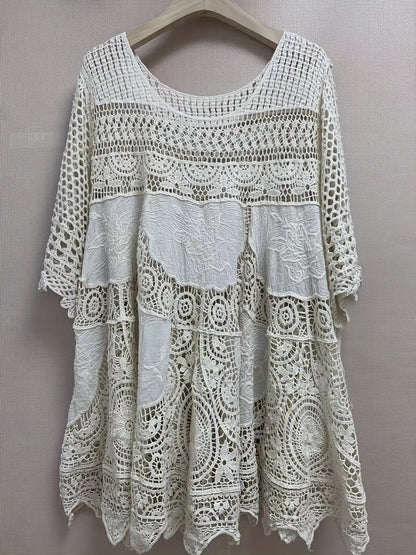 vlovelaw  Crochet Cover Up Top, Casual Beach Wear Cut Out Half Sleeve Top, Women's Clothing