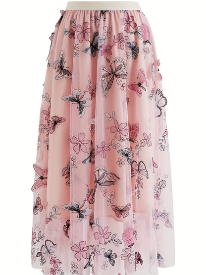 vlovelaw  Butterfly Embroidered Midi Dress, Elastic Waist Vacation Casual Dress For Spring & Fall, Women's Clothing