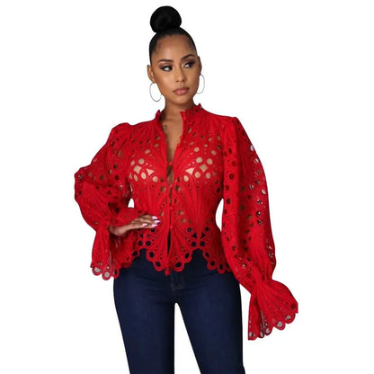 Women's Blouses Shirts Elegant Long Sleeve Hollow Out Mesh Lace Shirt Sheer See Through Top Blouse Clothing Dashiki African For Women 220830