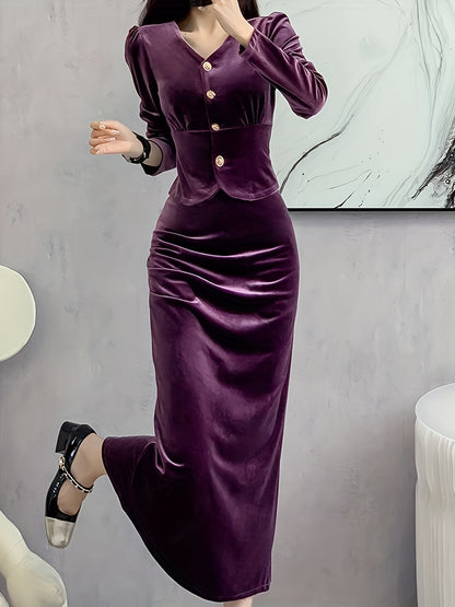 vlovelaw  Solid Bodycon Two-piece Set, Button Front Long Sleeve Tops & High Waist Midi Skirts Outfits, Women's Clothing