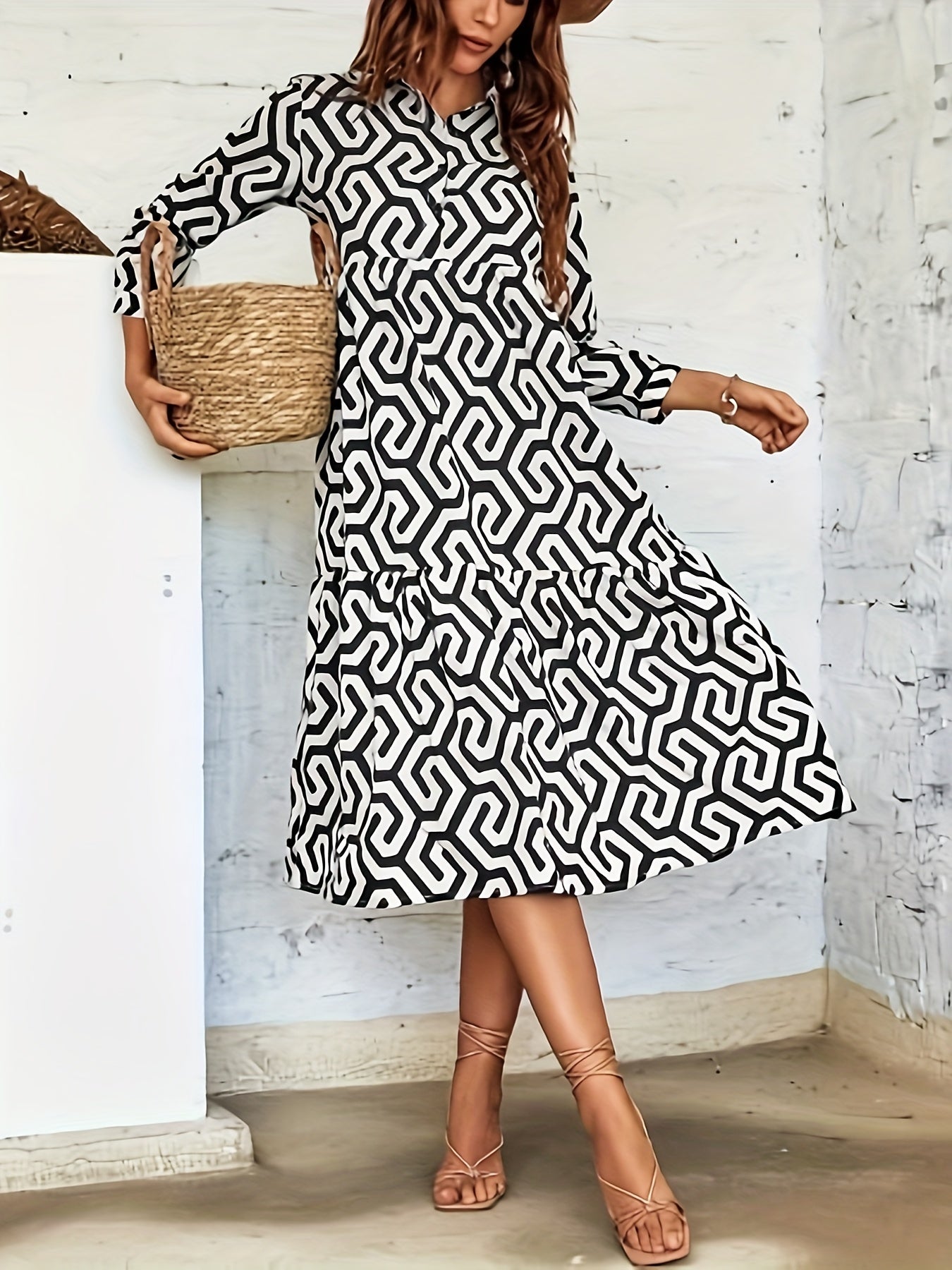vlovelaw  Geo Print Midi Dress, Casual Collar Long Sleeve Dress For Spring & Fall, Women's Clothing