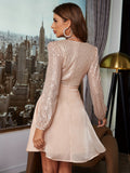 vlovelaw  Contrast Sequin V Neck Dress, Elegant Long Sleeve Party Dress, Women's Clothing