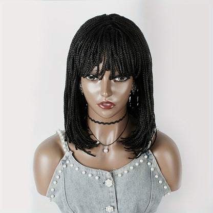 12 Inch Short Box Braid BoBo Wig - Synthetic Hair, Straight Style, Elastic Net Cap, Cornrow Braided Design, Bangs, Basics Style for African Women