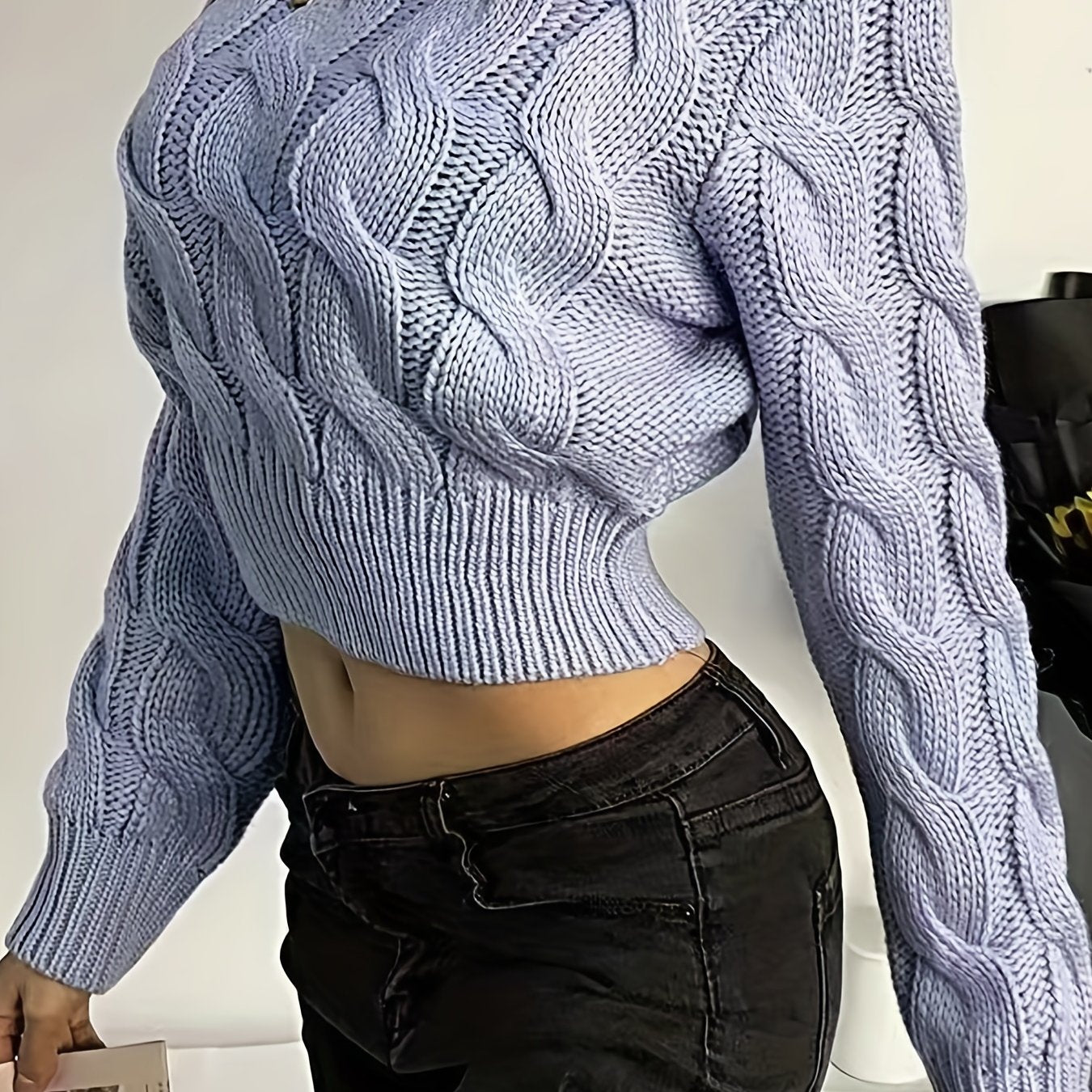 vlovelaw  Solid Crew Neck Cable Knit Sweater, Casual Long Sleeve Crop Pullover Sweater, Women's Clothing
