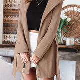 Solid Color Double Lapel With Hood Trench Coat, Casual Fall Winter Jacket, Women's Clothing