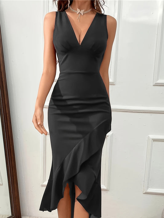 vlovelaw Solid Ruffle Trim Asymmetrical Tank Dress, Elegant V-neck Sleeveless Bodycon Dress For Party & Banquet, Women's Clothing