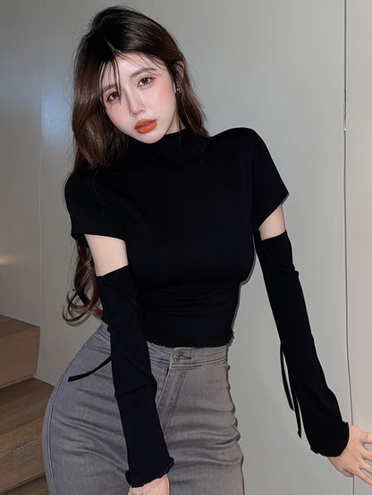 vlovelaw Cut Out Mock Neck T-Shirt, Y2K Long Sleeve Top For Spring & Fall, Women's Clothing