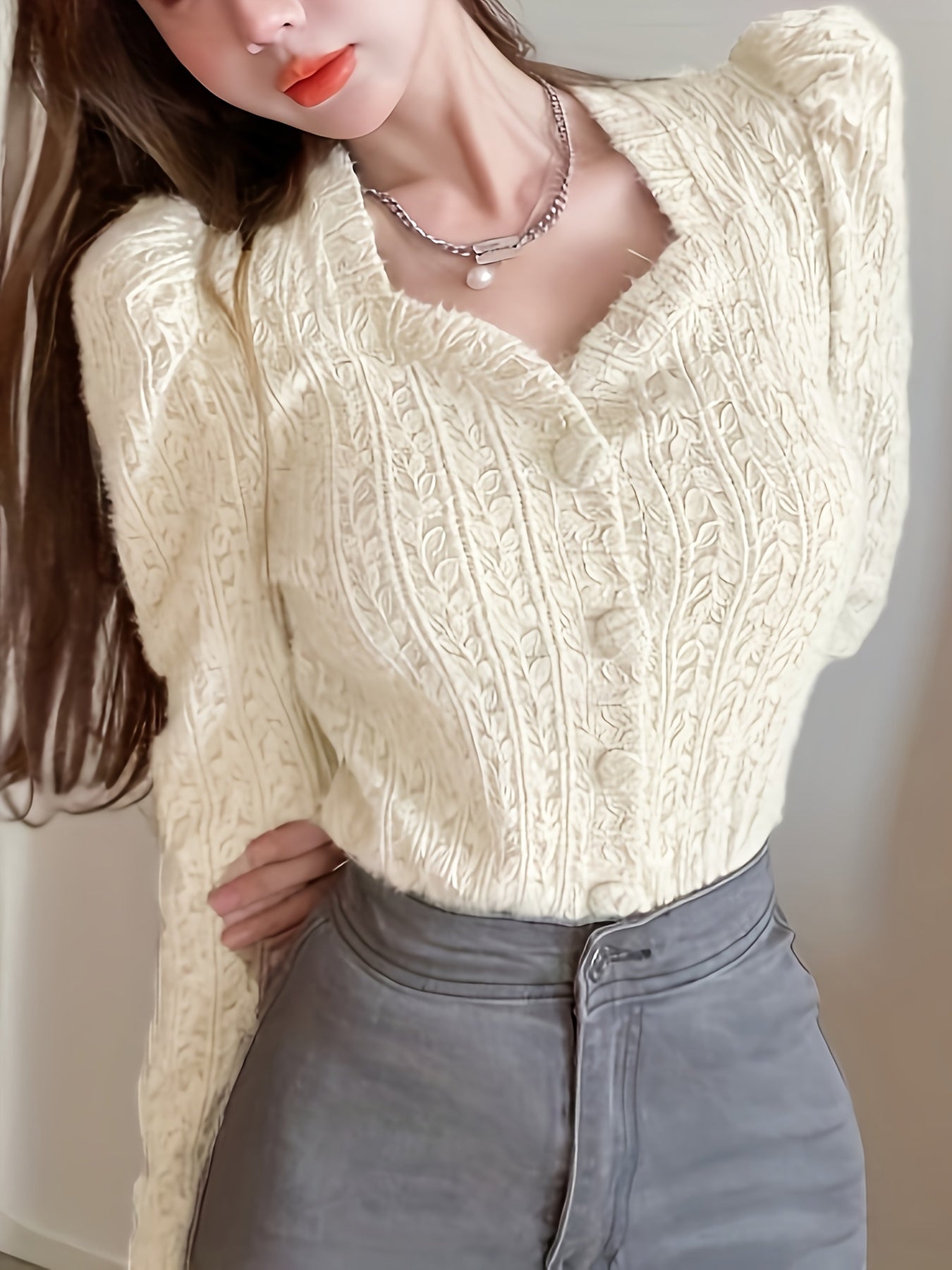 vlovelaw  Solid Button Front Blouse, Elegant Puff Long Sleeve Blouse, Women's Clothing