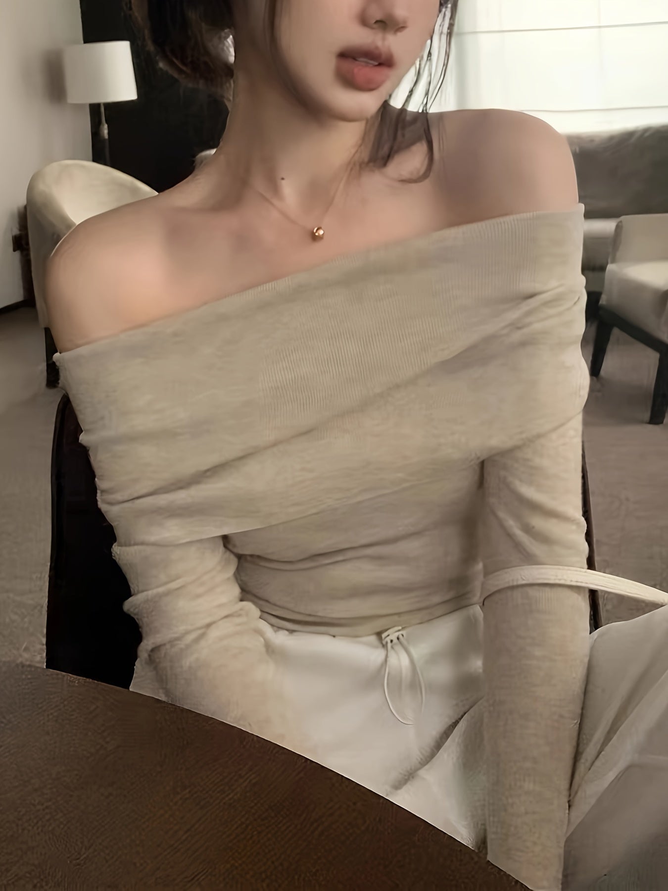 vlovelaw  Solid Off Shoulder Knitted Top, Y2K Long Sleeve Slim Sweater For Spring & Fall, Women's Clothing