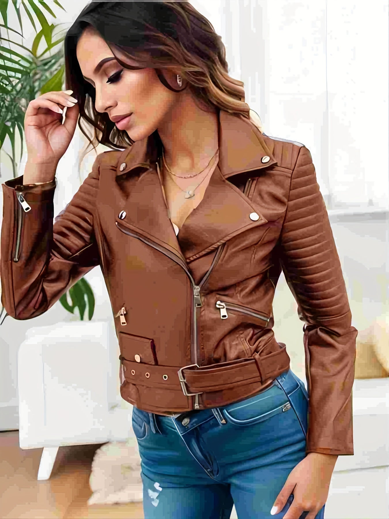 vlovelaw  Solid Leather Biker Jacket, Streetwear Long Sleeve Zipper Outerwear, Women's Clothing