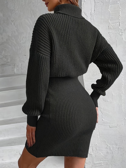 xieyinshe  Turtleneck Sweater Dress, Casual Solid Long Sleeve Bodycon Dress, Women's Clothing