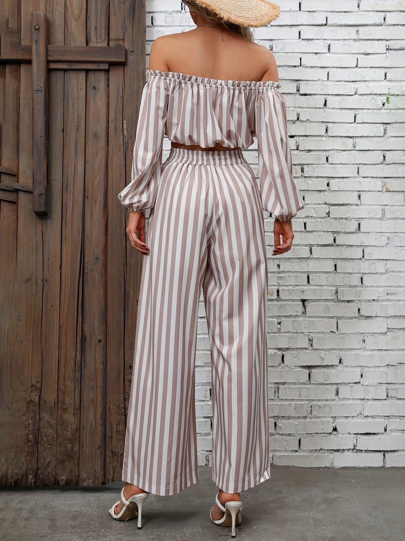 Striped Print Casual Two-piece Set, Off Shoulder Long Sleeve Tops & Wide Leg Drawstring Pants Outfits, Women's Clothing