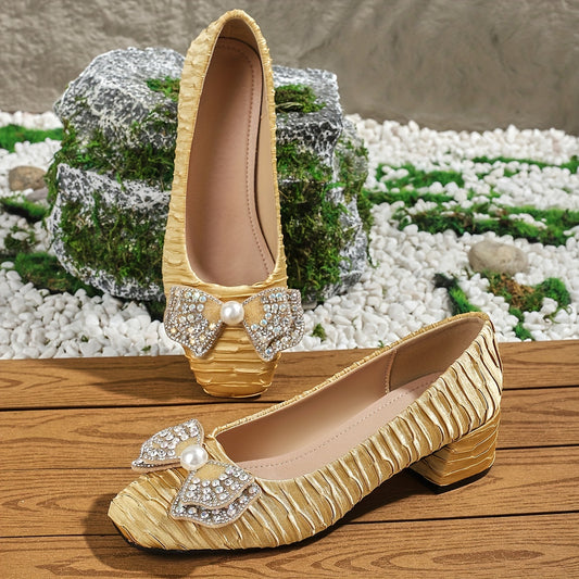 vlovelaw  Women's Rhinestone & Bowknot Decor Chunky Heels, Elegant Square Toe Dress Pumps, Fashion Slip On Heels