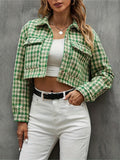 Plaid Pattern Cropped Jacket, Casual Button Front Long Sleeve Outerwear, Women's Clothing