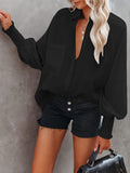 vlovelaw  Button Front Pocket Shirred Shirt, Casual Lantern Sleeve Shirt For Spring & Fall, Women's Clothing