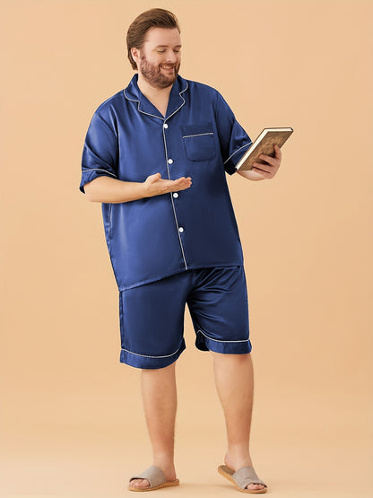 2PCS Plus Size Mens Luxury Sleepwear Set - Soft Short Sleeve Lapel Top & Pants - Lightweight, Summer-Ready, Comfortable Lounge Wear for Stylish Nights