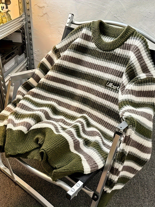 vlovelaw  Men's Stylish Loose Stripe Pattern Knitted Sweater, Casual Breathable Long Sleeve Crew Neck Top For City Walk Street Hanging Outdoor Activities