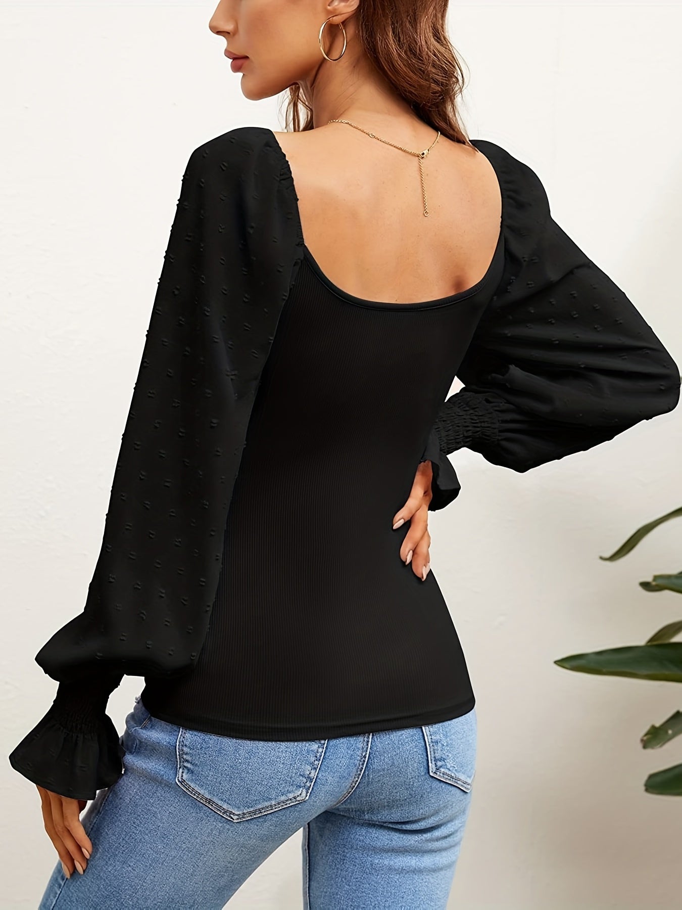 vlovelaw  Squared Neck Solid Blouse, Casual Lantern Sleeve Slim Blouse, Women's Clothing