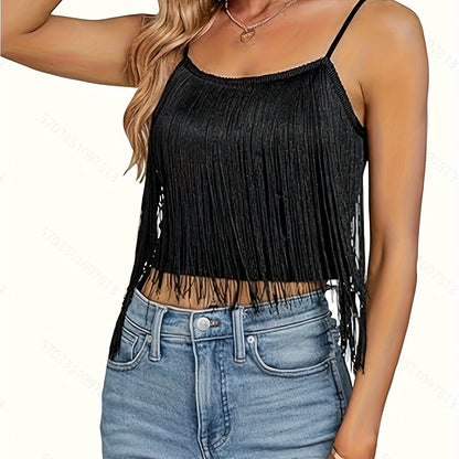 vlovelaw Solid Spaghetti Strap Top, Boho Fringe Crop Sleeveless Cami Top For Summer, Women's Clothing