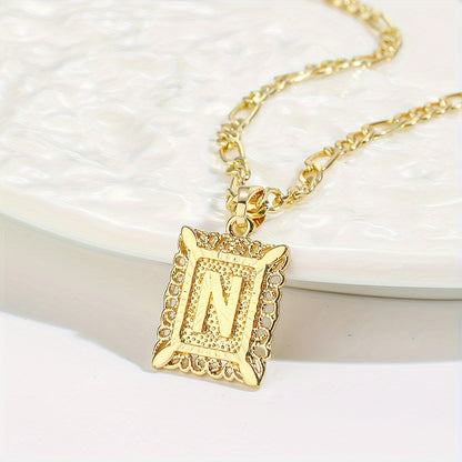 18K Gold Plated Square Monogram Pendant Necklace - Fashionable Personalized Alphabet Letter A-Z Figaro Chain Necklace for Men and Women - Copper Material, No Magnetic, No Mosaic, Plating-Free, Stylish Jewelry for Any Occasion