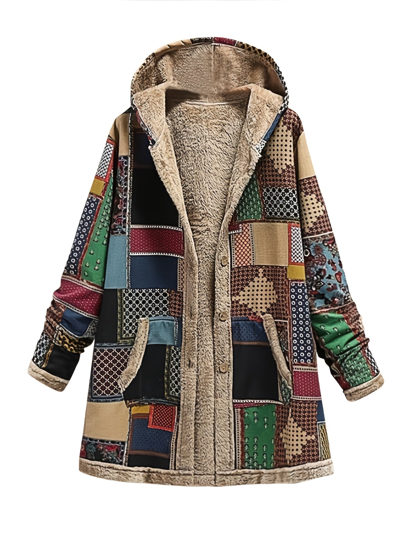 vlovelaw  Retro Patchwork Hooded Jacket, Long Sleeve Button Up Casual Outerwear For Fall & Winter, Women's Clothing