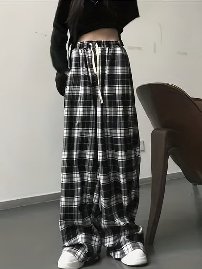 vlovelaw  Plaid Drawstring Straight Leg Pants, Casual Loose Pants For Spring & Fall, Women's Clothing