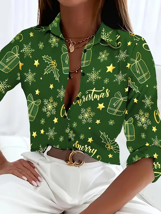 Christmas Print Long Sleeve Shirt, Casual Single Breasted Shirt For Spring & Fall, Women's Clothing