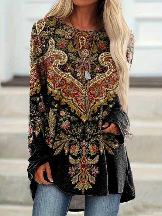 vlovelaw  Plus Size Boho T-shirt, Women's Plus Arabesque Print Long Sleeve Round Neck Tunic Top