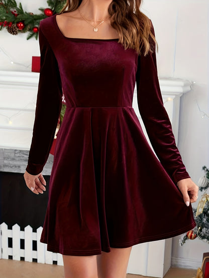 Solid Squared Neck Mini Dress, Elegant Long Sleeve Party Dress, Women's Clothing