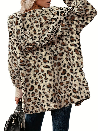 Leopard Pattern Hooded Jacket, Casual Open Front Long Sleeve Warm Outerwear, Women's Clothing