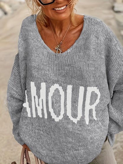 Letter Pattern V Neck Pullover Sweater, Casual Long Sleeve Drop Shoulder Sweater, Women's Clothing