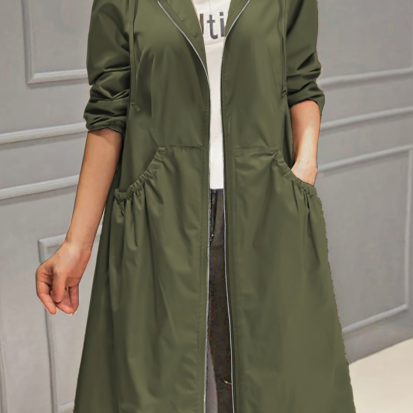 vlovelaw  Plus Size Casual Trench Coat, Women's Plus Solid Long Sleeve Hooded Drawstring Zipper Longline Trench Coat With Pockets