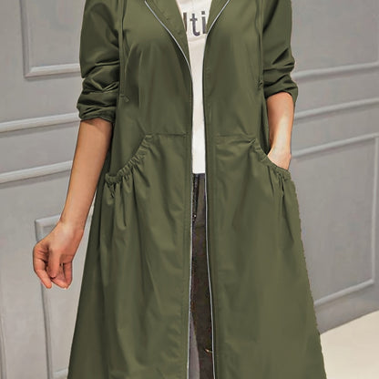 vlovelaw  Plus Size Casual Trench Coat, Women's Plus Solid Long Sleeve Hooded Drawstring Zipper Longline Trench Coat With Pockets