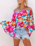vlovelaw Women's T-shirt Women Floral Print Smocked Cuff Flare Sleeve Shirt