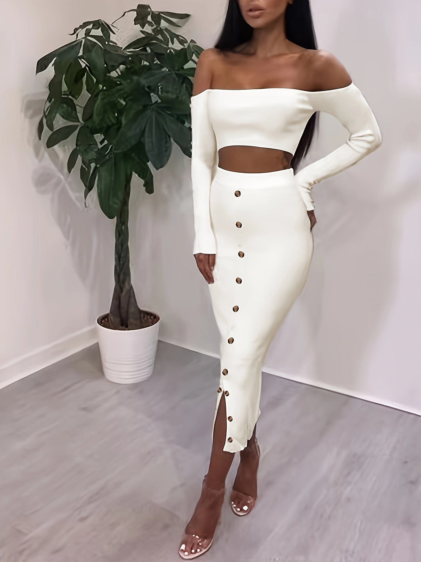 vlovelaw  Solid Color Two-piece Skirt Set, Off Shoulder Long Sleeve Crop Top & Button Decor Split Skirt Outfits, Women's Clothing