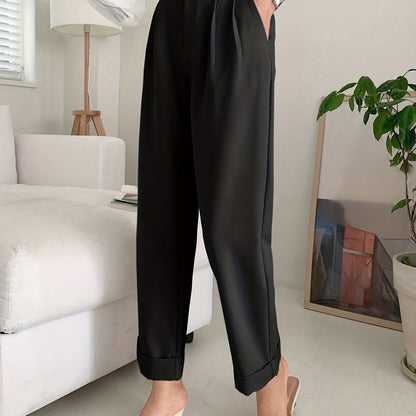 Solid Button Straight Leg Pants, Casual High Waist Draped Pleated Pants, Women's Clothing