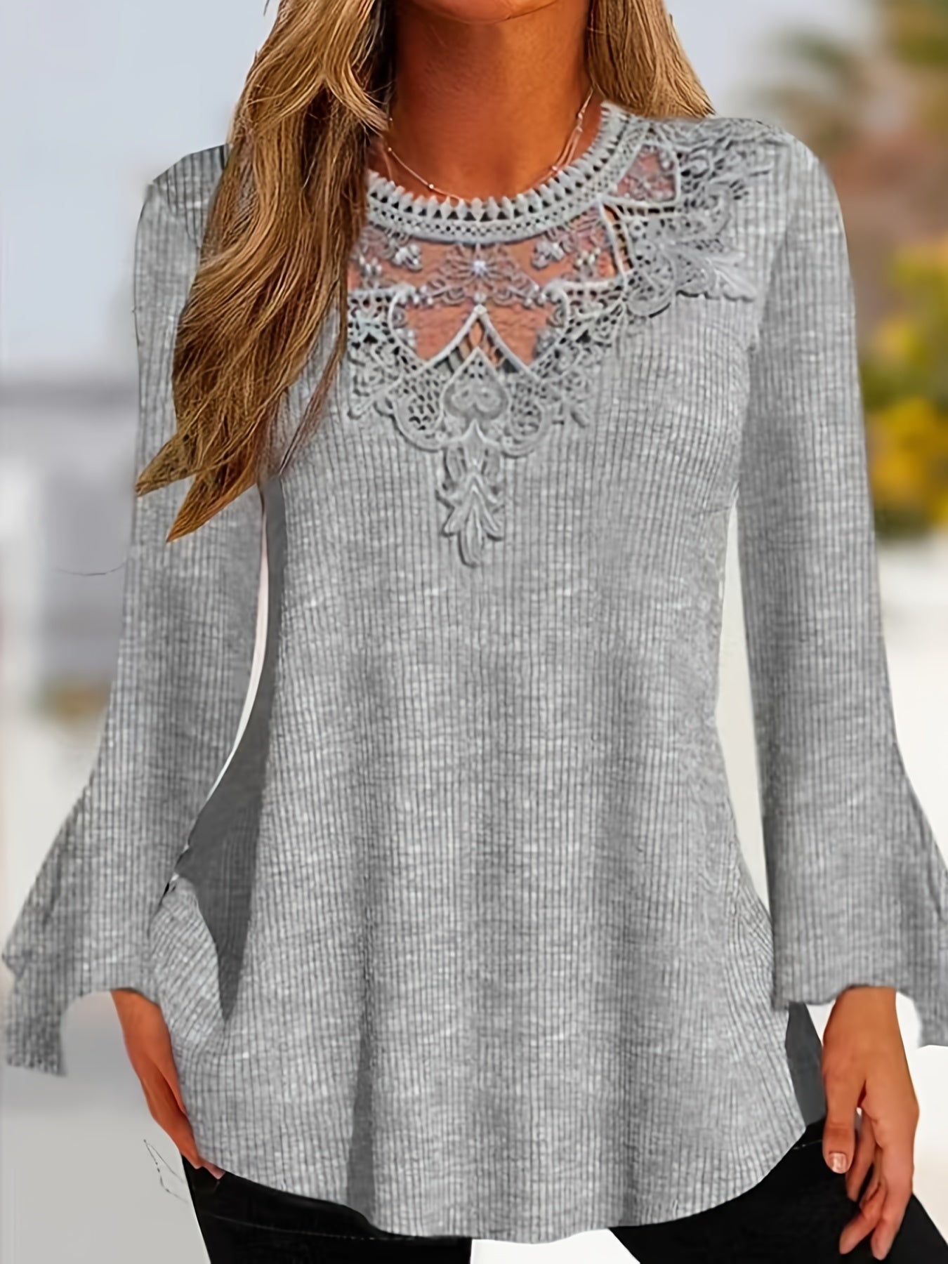 Plus Size Casual Top, Women's Plus Solid Contrast Lace Bell Sleeve Round Neck Medium Stretch Top