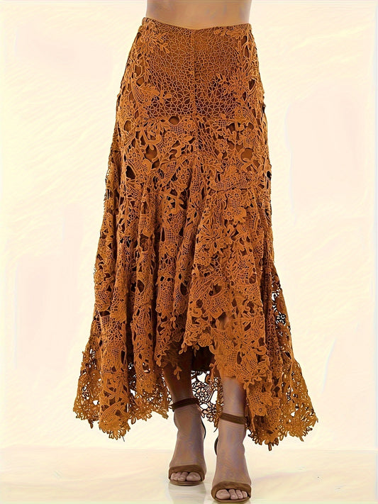 vlovelaw  Solid Color Contrast Lace Skirt, Casual Cut Out Loose Long Skirt For Every Day, Women's Clothing