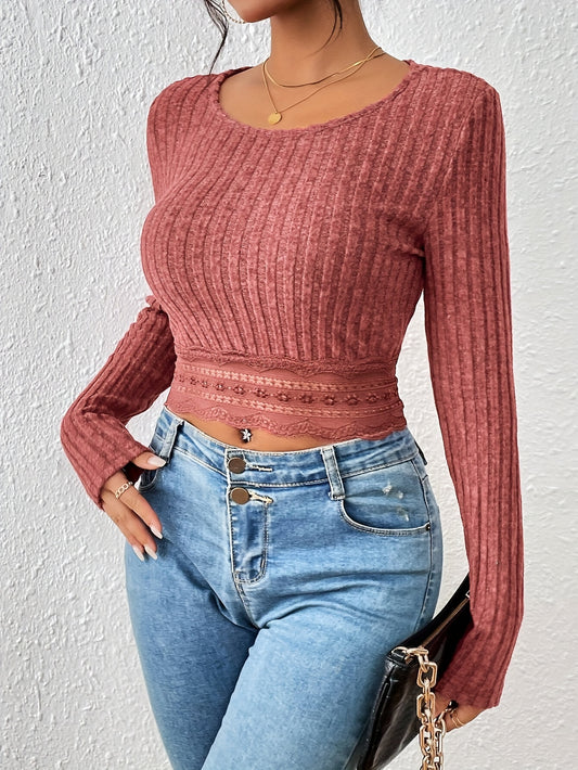 vlovelaw  Lace Hem Ribbed T-Shirt, Casual Crew Neck Long Sleeve Cropped Top, Women's Clothing