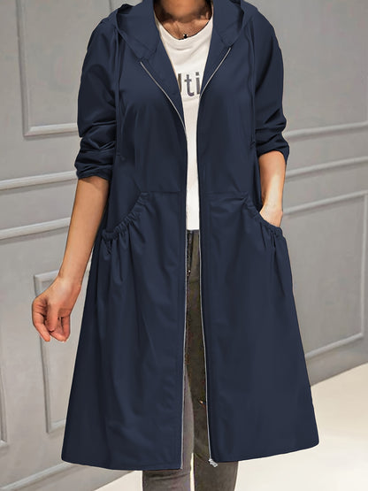 vlovelaw  Plus Size Casual Trench Coat, Women's Plus Solid Long Sleeve Hooded Drawstring Zipper Longline Trench Coat With Pockets