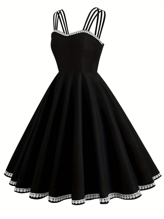 vlovelaw Solid Spaghetti Strap Dress, Vintage A Line Sleeveless Party Dress, Women's Clothing