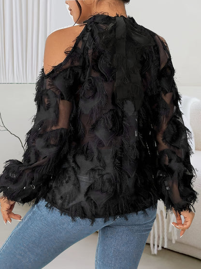 vlovelaw Plus Size Fringe Trim Top, Casual Cold Shoulder Long Sleeve Top, Women's Plus Size Clothing