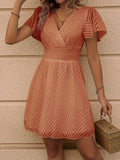 Solid Shirred Waist Dress, Elegant V Neck Flutter Sleeve Dress, Women's Clothing