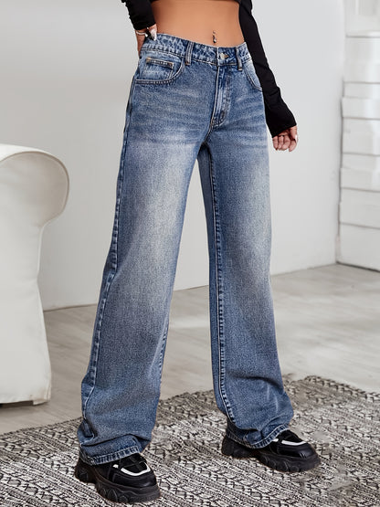 vlovelaw Blue Washed Whiskered Straight Jeans, Loose Fit Non-Stretch Slant Pockets Wide Legs Jeans, Women's Denim Jeans & Clothing